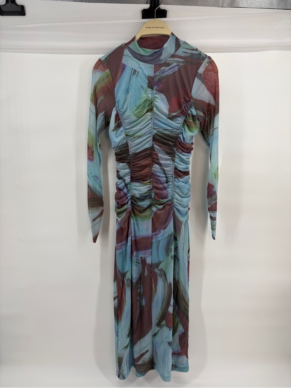 Anthropologie XS Mesh Ruched Midi Dress Abstract Watercolor Print Mock Neck Boho